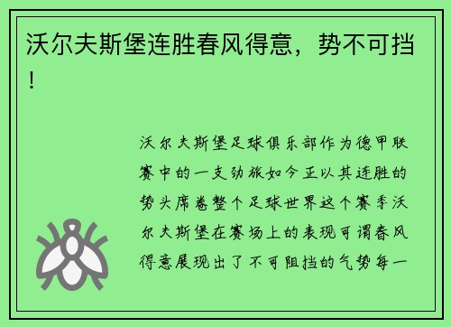沃尔夫斯堡连胜春风得意，势不可挡！