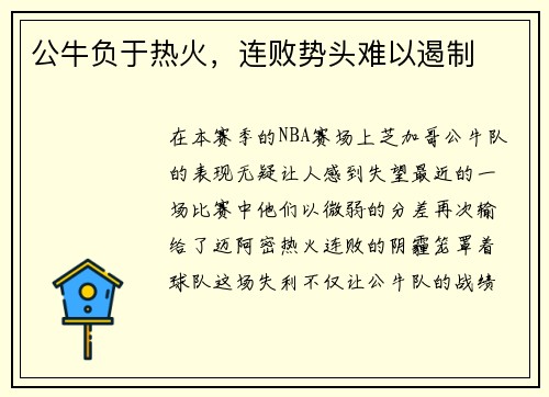 公牛负于热火，连败势头难以遏制