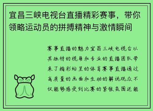 宜昌三峡电视台直播精彩赛事，带你领略运动员的拼搏精神与激情瞬间