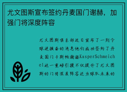 尤文图斯宣布签约丹麦国门谢赫，加强门将深度阵容