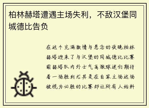 柏林赫塔遭遇主场失利，不敌汉堡同城德比告负